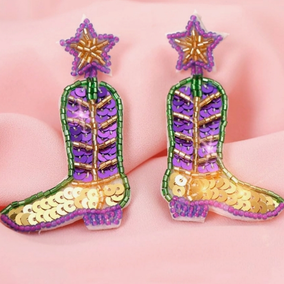 Cowgirl Boots Earrings Mardi Gras Earrings Western Beaded New Orleans Nola - Picture 9 of 9